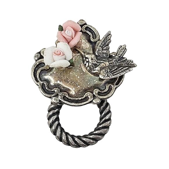 Vintage Brooch Hummingbird Roses Eyeglass Holder Silvertone Pink White Flowers - Picture 1 of 3